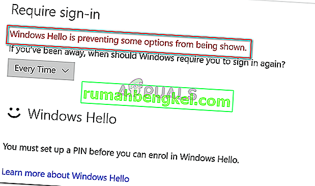 Windows Hello מונע הצגת כמה אפשרויות