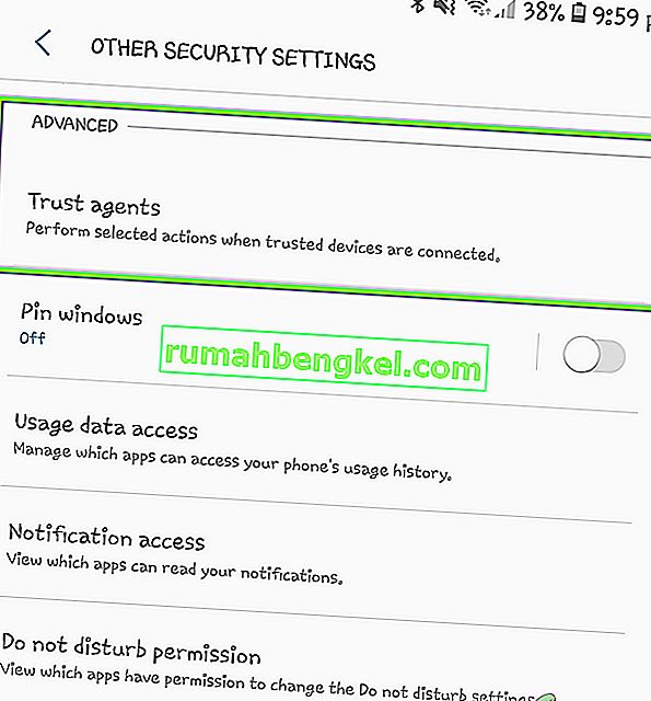 Kliknięcie Trust Agents - Other Security Settings w Androidzie
