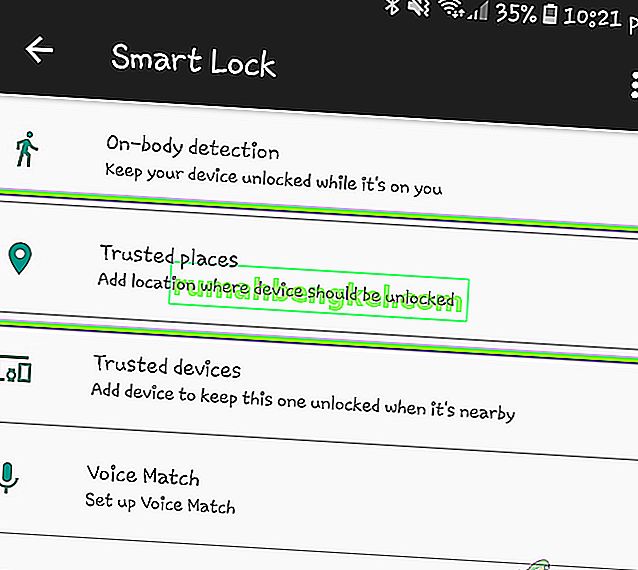 Kliknięcie Zaufane miejsca - Smart Lock w systemie Android