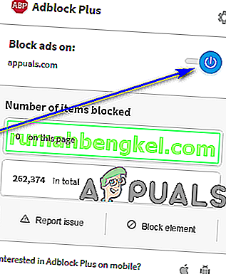 kliknij niebieski przycisk zasilania, aby wyłączyć Adblock Plus