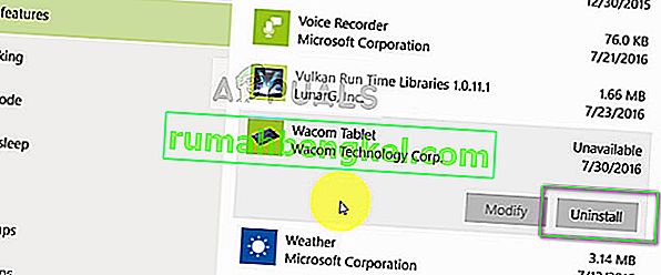 Деинсталиране на софтуера Wacom Tablet - Настройки на Windows 10