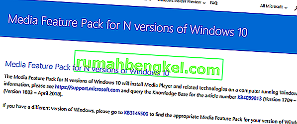 Media Feature Pack لنظام التشغيل Windows N